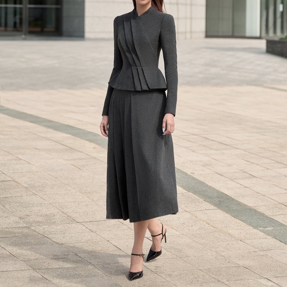 NWT🔖Lobbster Vietnamese Designer Brand Grey Draped Midi Skirt Wool A-line - Picture 4 of 12